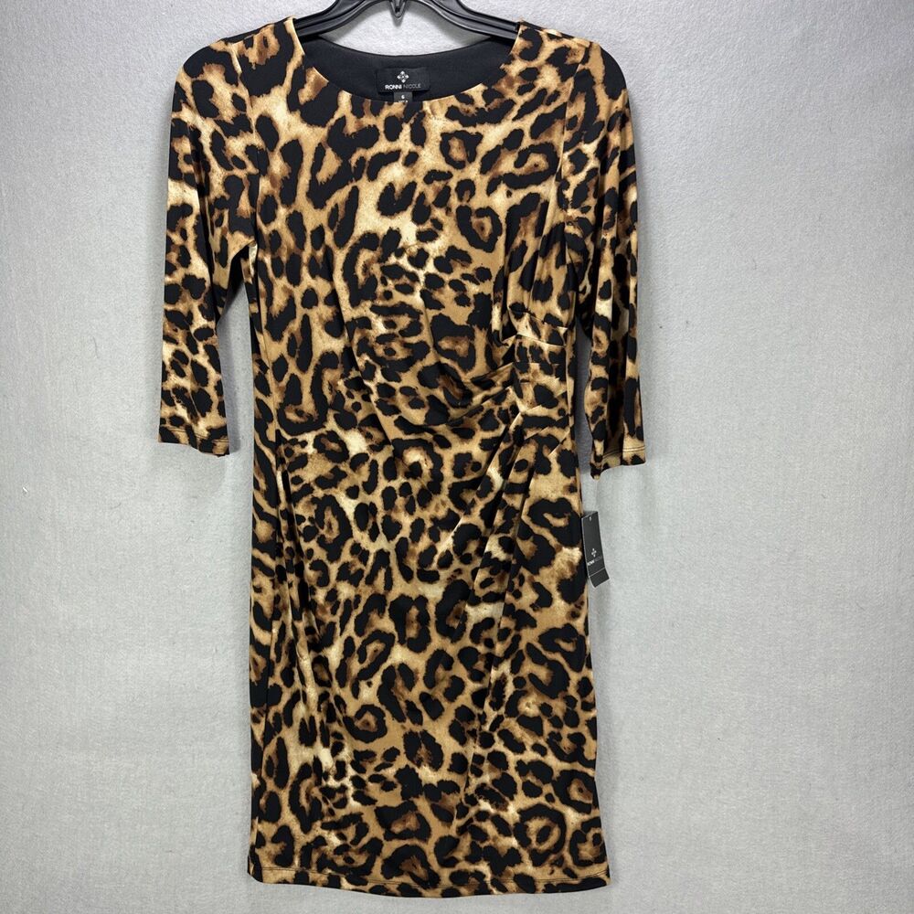 NWT Ronni Nicole Leopard Dress Women's 6 Leopard 3/4 Sleeves Stretch Mobwife